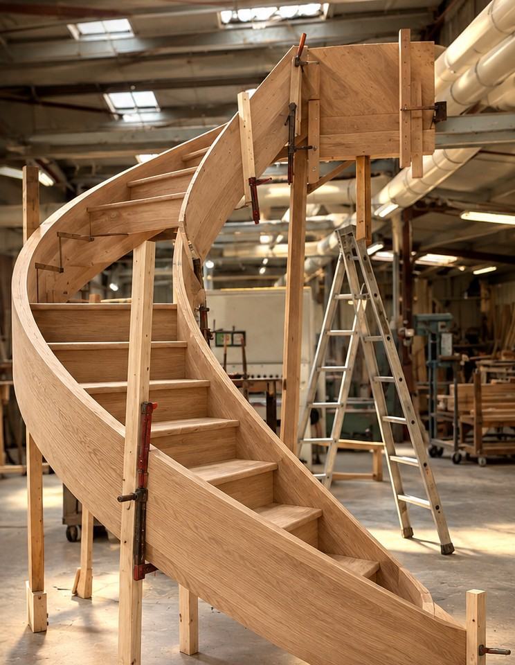 Escalier cintré en chêne monté sur les tréteaux de l’atelier