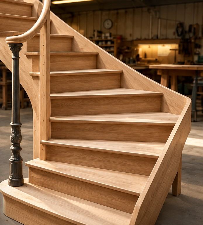 Escalier balancé en chêne et poteau en fonte, dans l’atelier